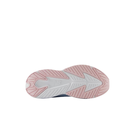 Pink and white sneaker outsole with gray midfoot section and embossed New Balance logo