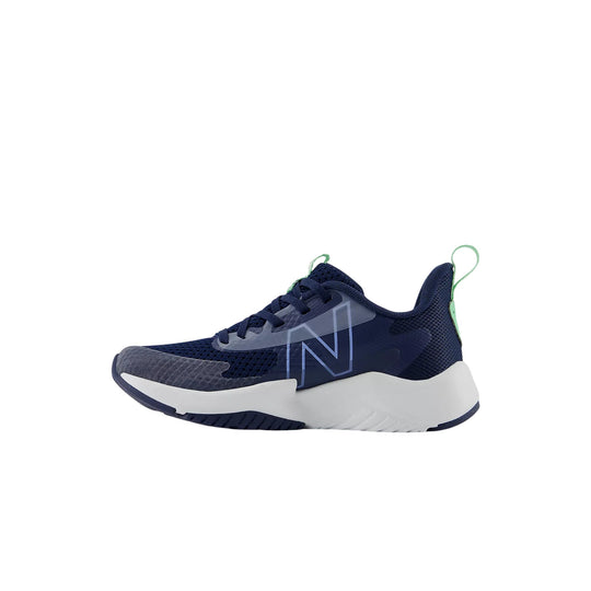 Navy low-top athletic sneaker with white midsole and mint pull tab