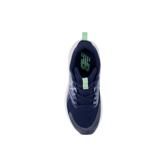 Navy blue kids' sneaker with mint green pull tabs and white sole, top view