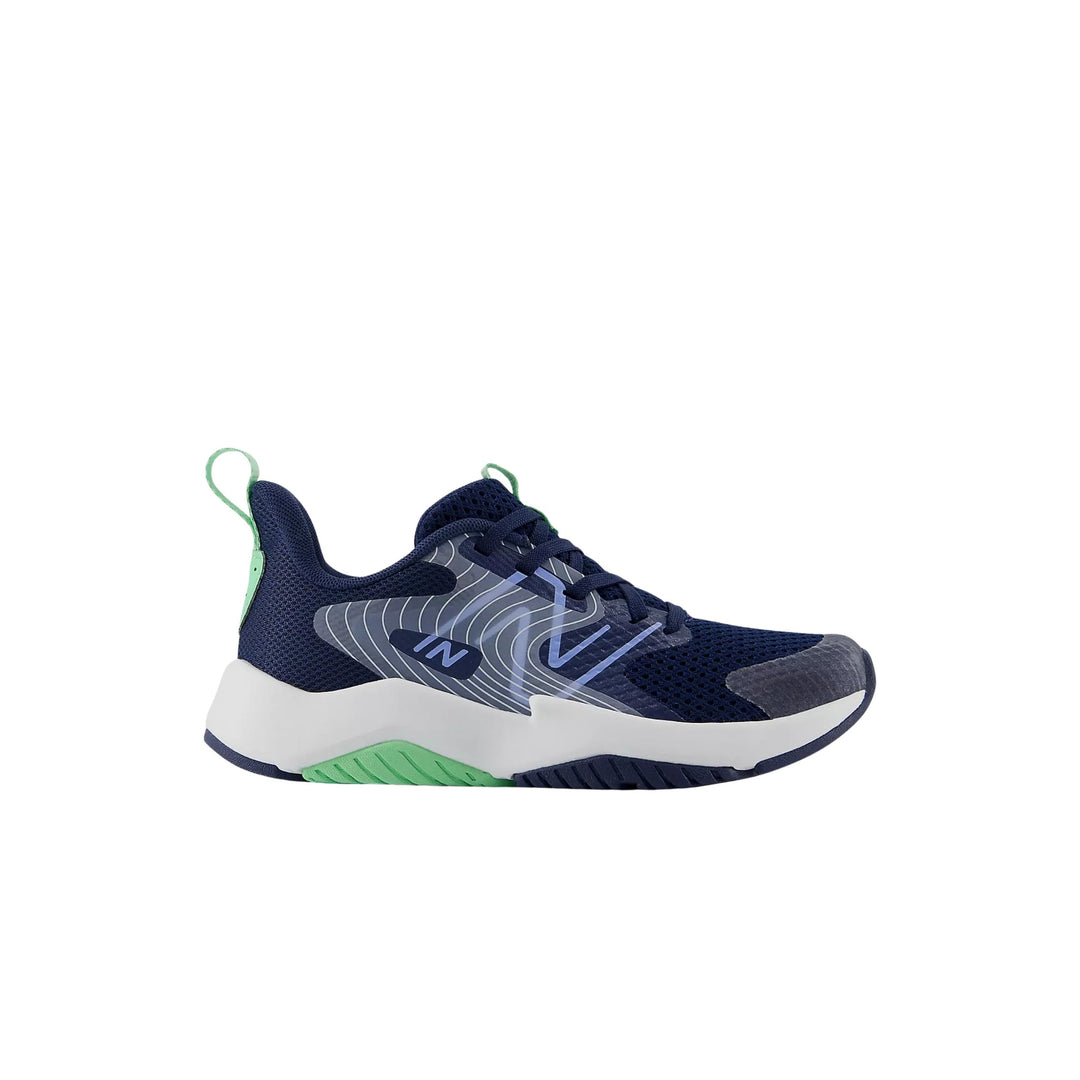 Navy and gray kids' athletic sneaker with mint green accents and mesh upper
