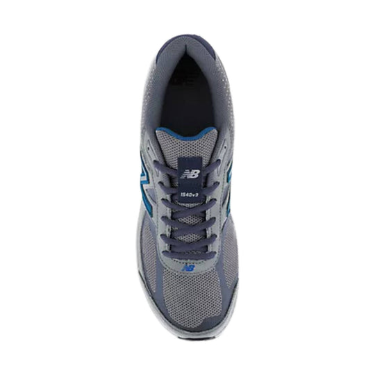 Gray mesh running shoe with dark laces and blue accents, top view