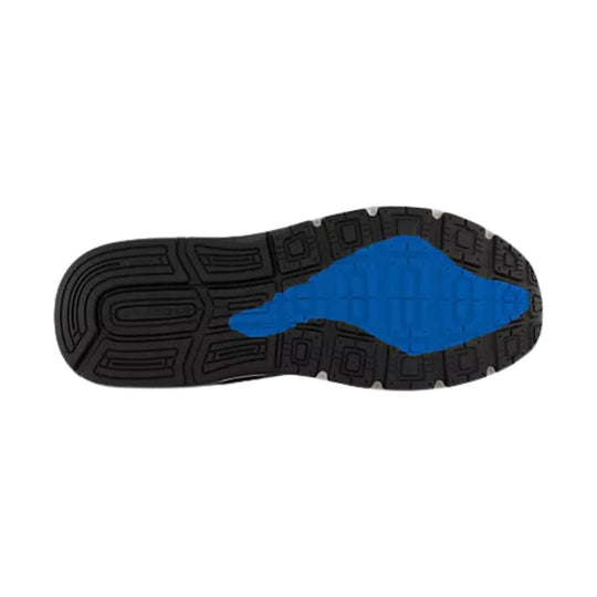 Black rubber shoe outsole with a bright blue midfoot section, shown from below