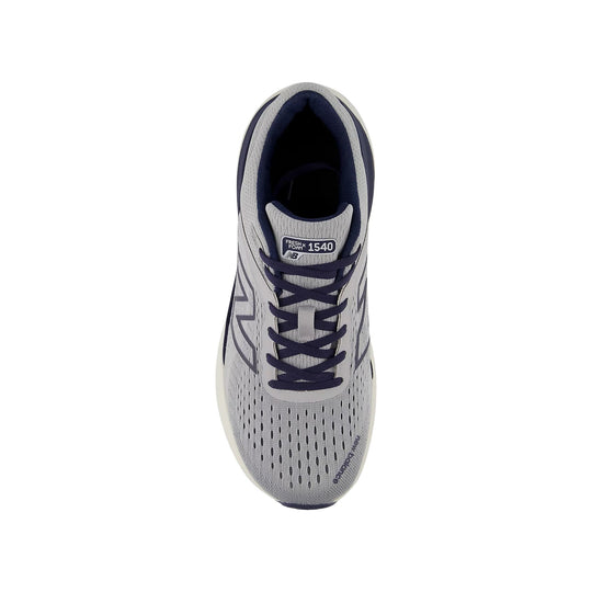 Top view of a gray running shoe with navy laces and visible Fresh Foam 1540 branding