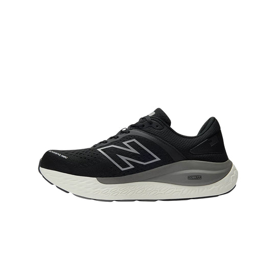 Black running shoe with gray midsole and large side logo, shown in profile