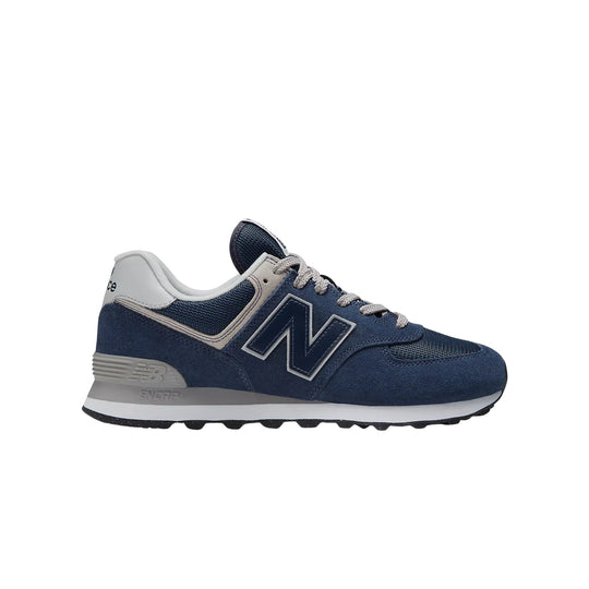 Navy and gray low-top sneaker with white laces and a large side logo, shown in profile