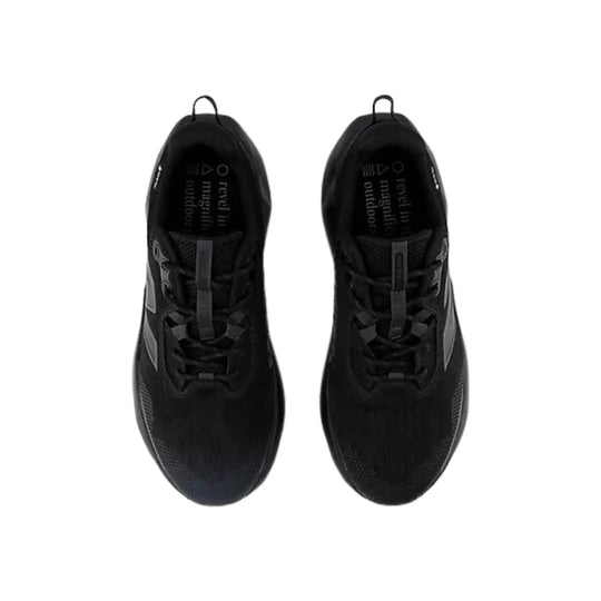 Black low-top trail shoes shown from above, with laces, pull tabs, and gray side logos.
