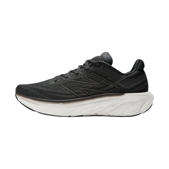 Black running shoe with white foam midsole and embossed side logo, shown in profile