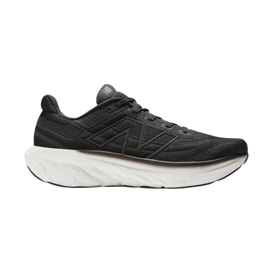 Black running shoe with a white cushioned sole and side logo