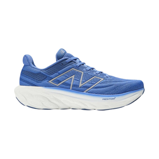 Blue running shoe with white cushioned sole and side logo, shown in profile