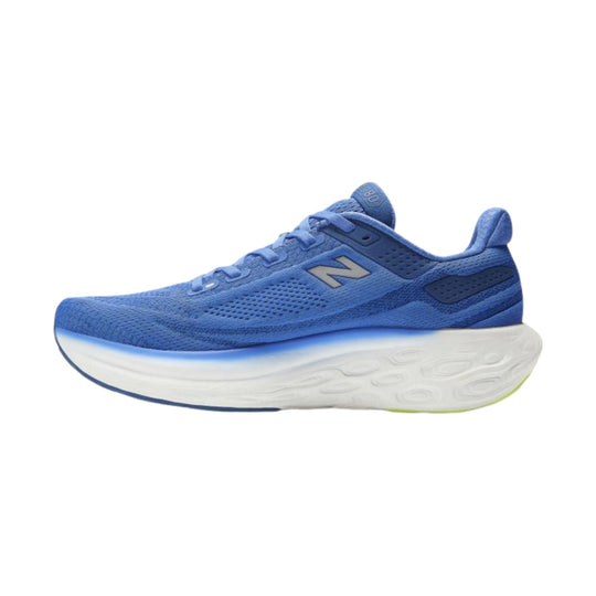 Blue running shoe with white cushioned sole and side logo