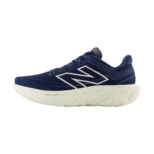Navy running shoe with white side logo and speckled foam sole