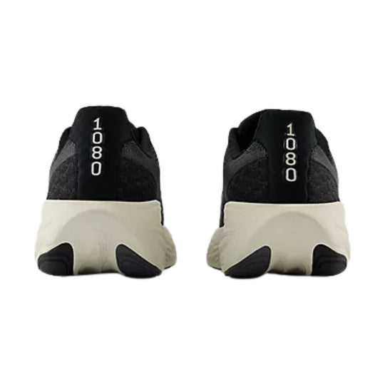 Black running shoes shown from the heel with white midsoles and vertical "1080" text on the back tabs