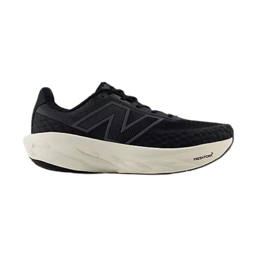 Black running shoe with a thick white cushioned sole and side logo