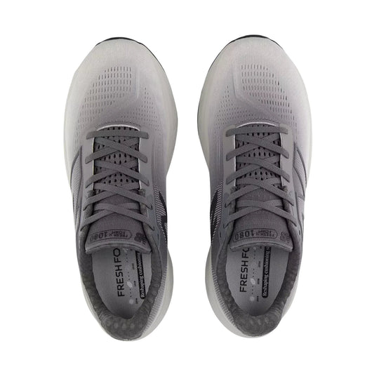 Pair of gray running shoes shown from above with gray laces and perforated mesh uppers.