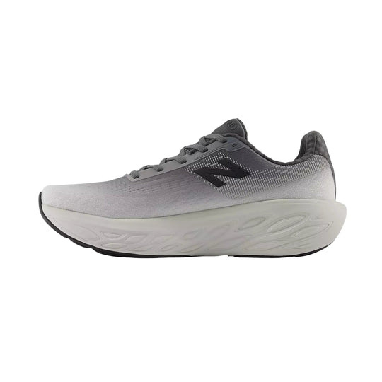 Gray running shoe with a white cushioned sole and black side logo, shown in profile