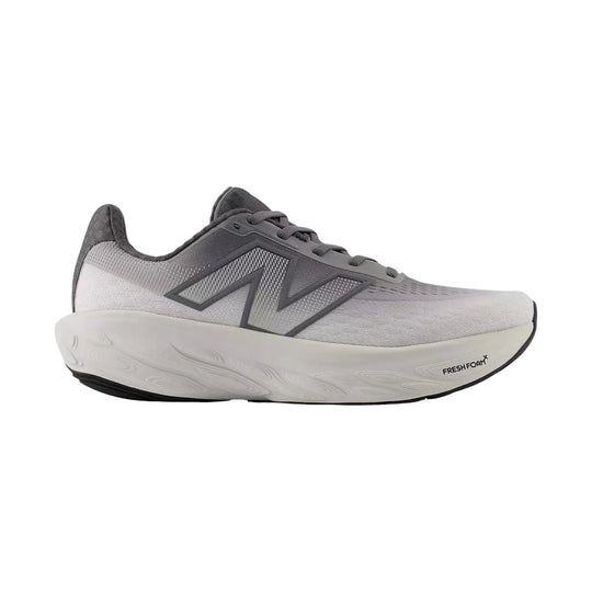 Gray New Balance running shoe with a white cushioned sole and black outsole, side view