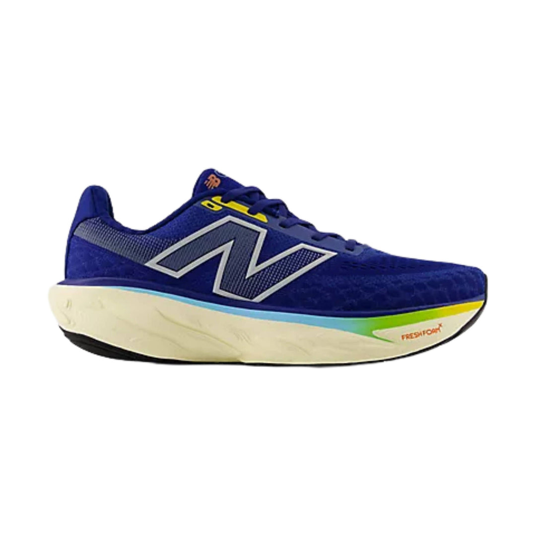 Blue running shoe with a large side logo, cream midsole, and yellow accents
