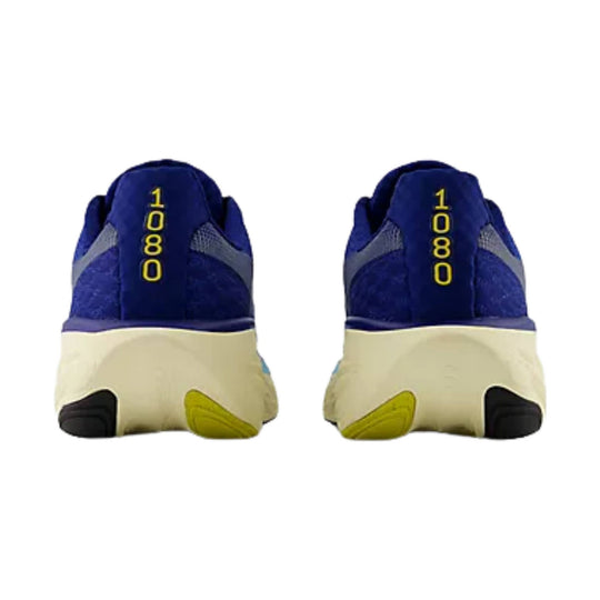 Pair of blue running shoes seen from the back with yellow 1080 text on the heel tabs and cream midsoles