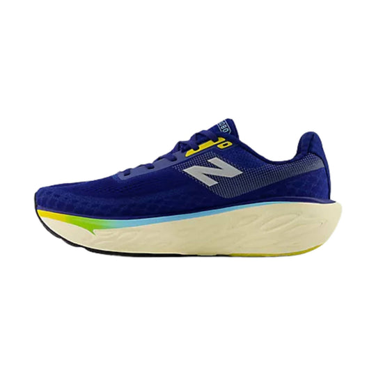 Blue running shoe with white sole, yellow accents, and a large side logo