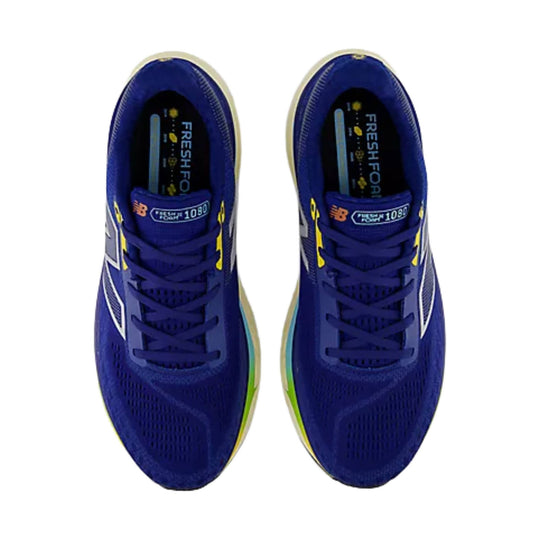Blue running shoes with white side logos and yellow accents, top view