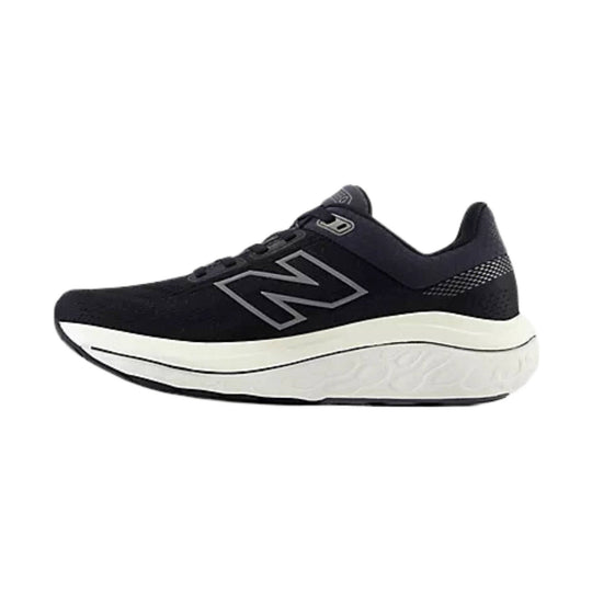 Black running shoe with a white foam sole and gray side logo