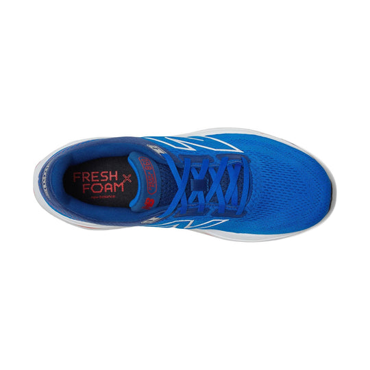 Blue running shoe with white sole and blue laces, shown from above.