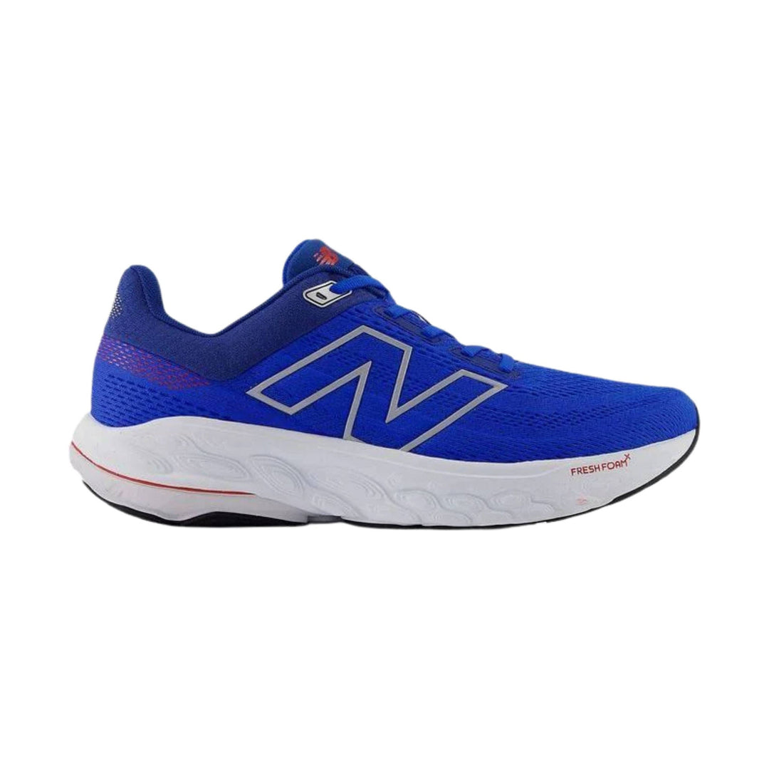 Blue athletic running shoe with a white cushioned midsole and silver side logo