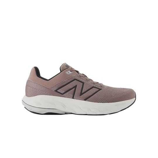 Taupe running shoe with black trim, white foam midsole, and large side logo