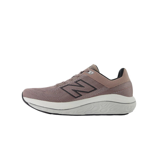 Taupe running shoe with black logo, white cushioned midsole, and black outsole, shown in side view.