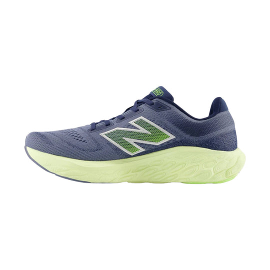 Blue running shoe with lime green midsole and side logo, shown in profile