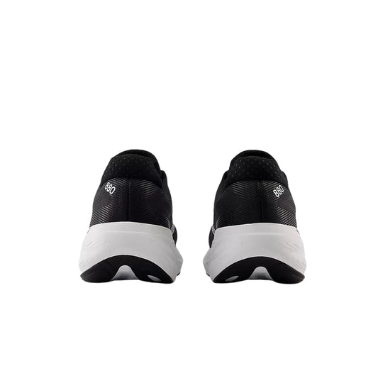 Black running shoes with white midsoles, shown from the heel, with 880 text on the back