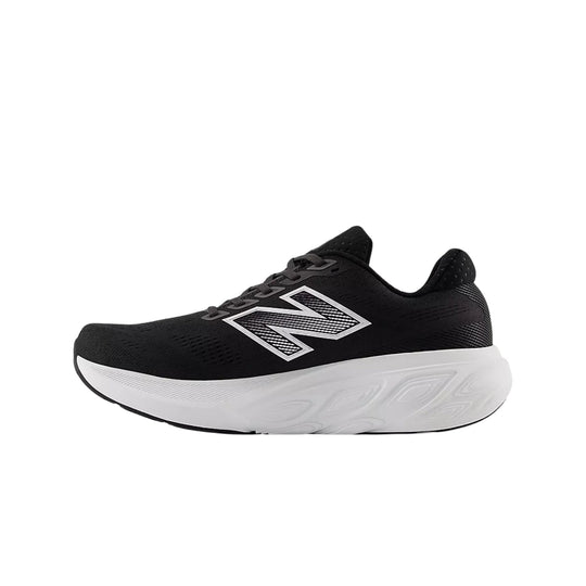 Black running shoe with a white midsole and reflective side logo, side view