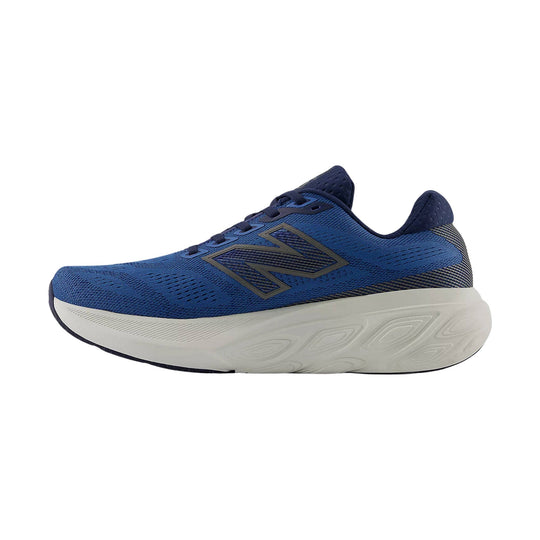 Blue running shoe with white thick foam sole and dark side logo