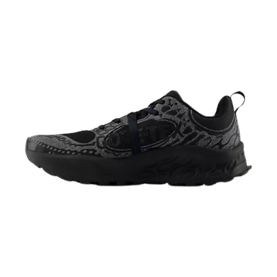 Black and gray trail shoe with thick lugged sole and bungee-style lace closure