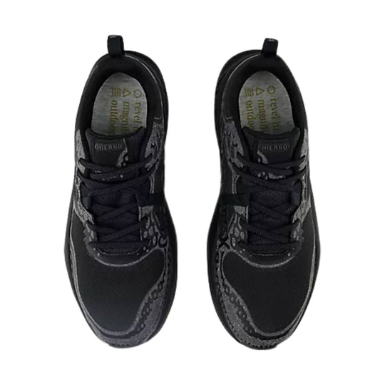 Black athletic hiking shoes with textured overlays, laces, and pull tabs
