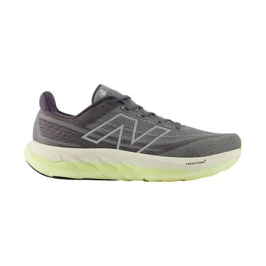 Gray running shoe with a thick white and pale yellow foam sole