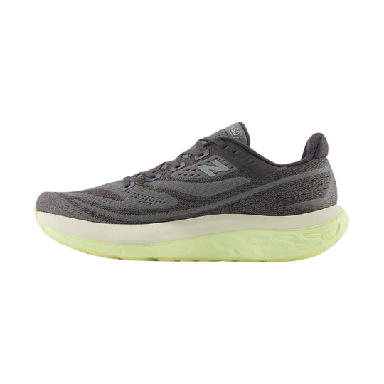Gray running shoe with thick cream midsole and translucent neon yellow outsole, shown in side view
