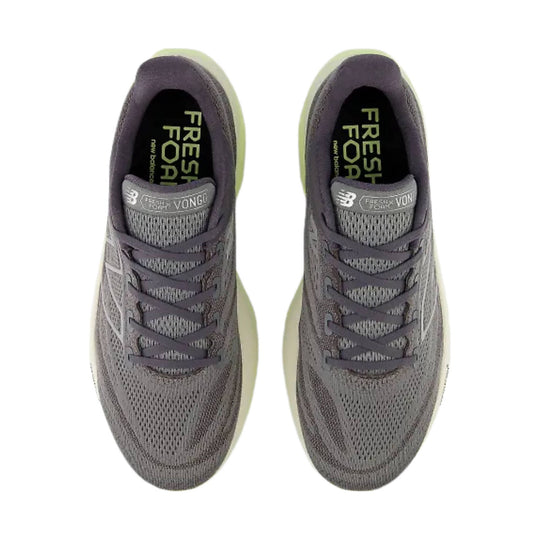 Gray running shoes seen from above with laced uppers, mesh panels, and visible branding on the insoles