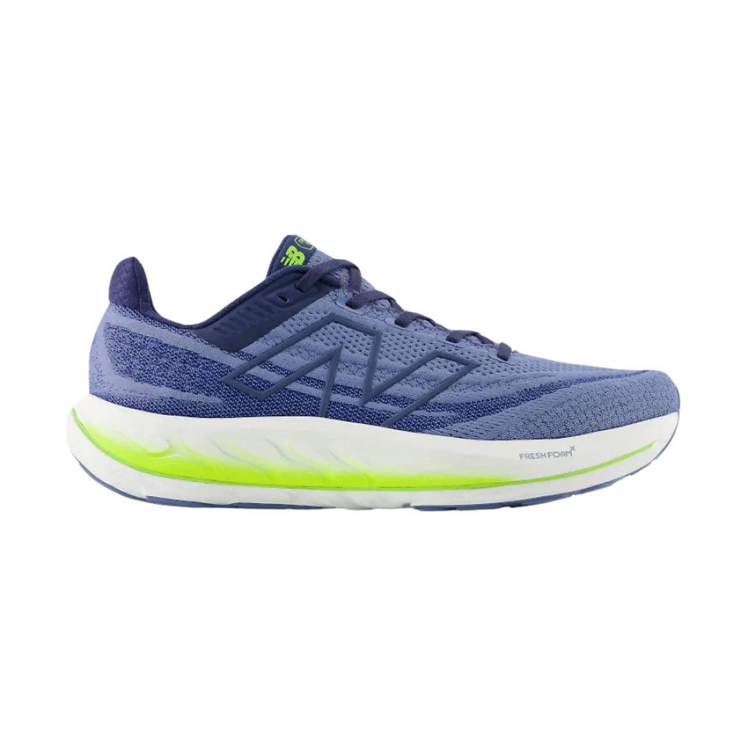 Blue running shoe with knit upper, dark laces, white cushioned sole, and neon green midsole accent