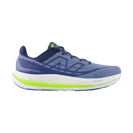 Blue running shoe with knit upper, dark laces, white cushioned sole, and neon green midsole accent