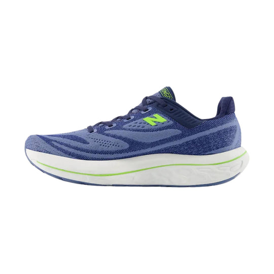 Blue running shoe with a thick white sole, lime green side logo, and neon green accent stripe
