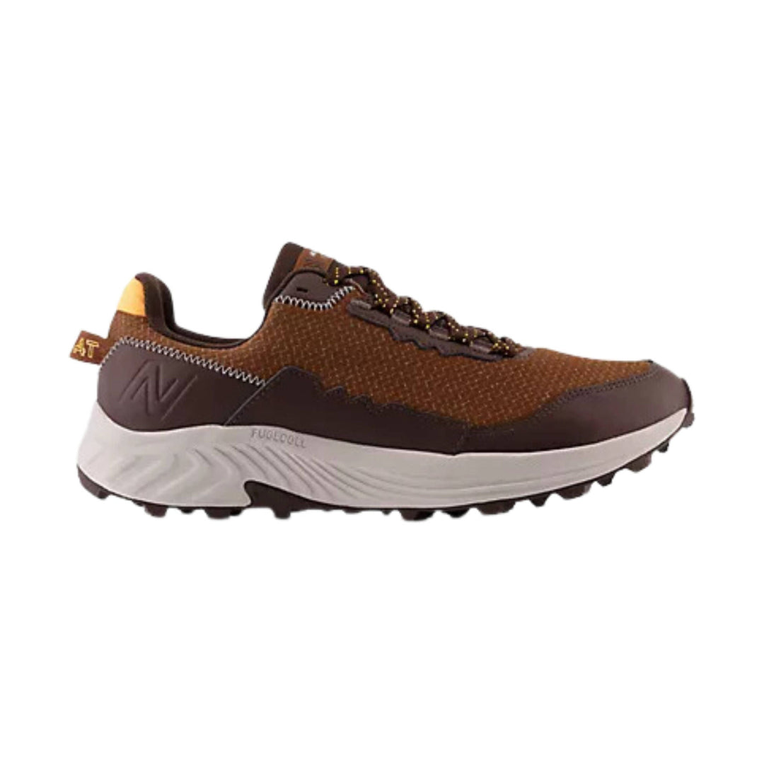 Brown trail running shoe with black overlays, rope laces, and a white cushioned sole