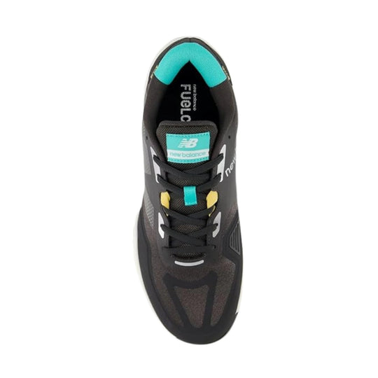 Black athletic tennis shoe with teal collar accents, black laces, and visible brand labels.