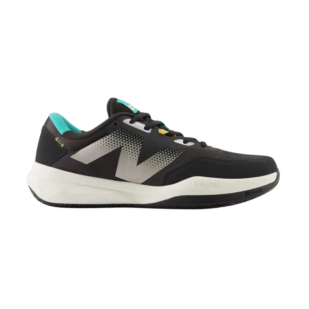 Black low-top tennis shoe with white midsole, teal collar lining, and oversized silver side logo