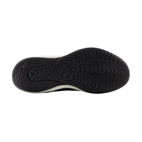 Black shoe outsole with wavy traction grooves and a visible New Balance logo