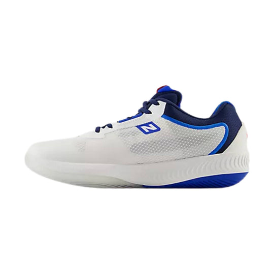 White low-top athletic shoe with navy and blue accents, side logo, and textured mesh upper