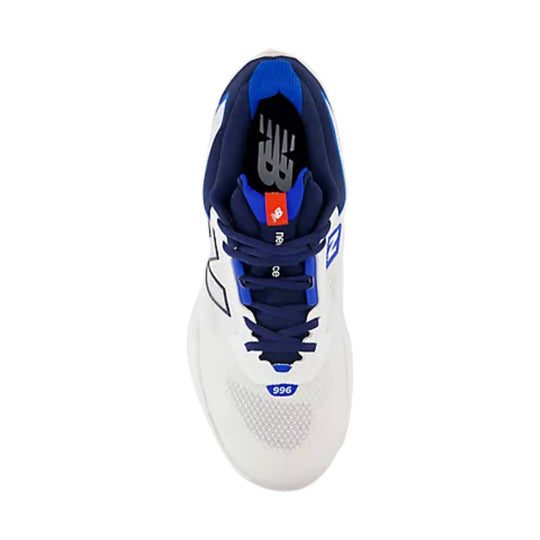 White low-profile tennis shoe with navy and blue accents, top view