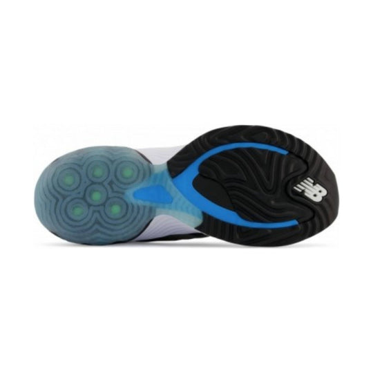 Pair of running shoe outsoles, one black with a blue midfoot shank and one translucent blue-gray with circular tread