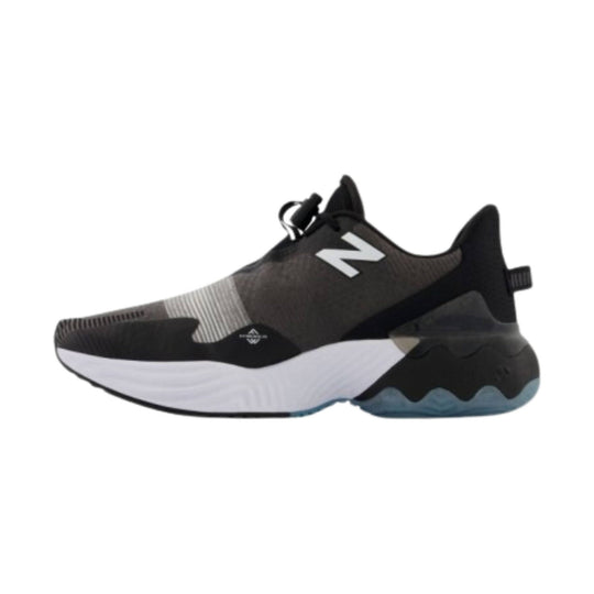Black running shoe with white midsole, large side logo, and translucent blue outsole