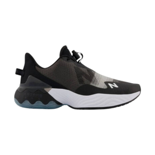Black low-top running shoe with white midsole and blue outsole detail, shown in side view